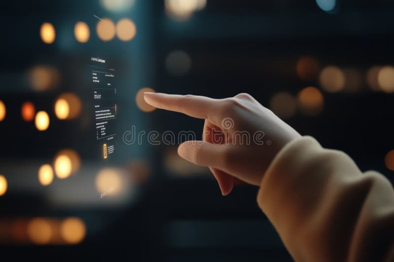 Person interacting with a futuristic touchscreen display in a modern environment at night showcasing advanced technology vector illustration