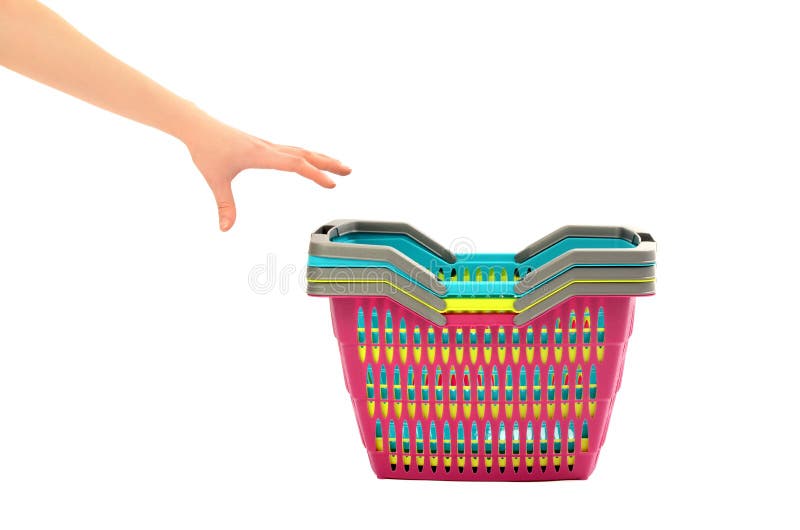 Hand reaching to take a shopping basket. royalty free stock photography Hand reaching to take a shopping basket. royalty free stock photography