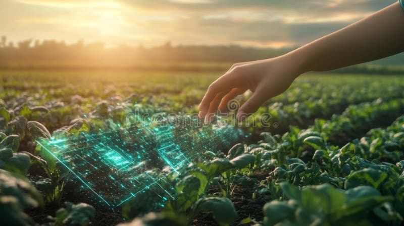 A hand reaching toward digital data while inspecting crops in a lush green field at sunset. With copy space for text. stock photo