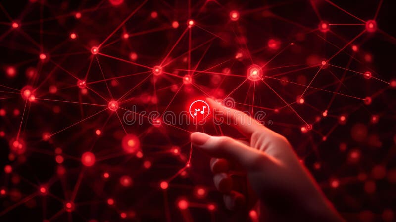 Hand reaching toward digital network in glowing red background stock photography