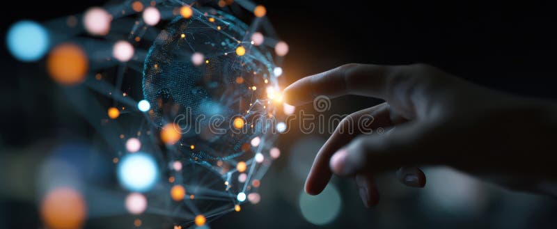 The hand reaching towards a glowing digital globe in a futuristic setting. image royalty free stock photography.