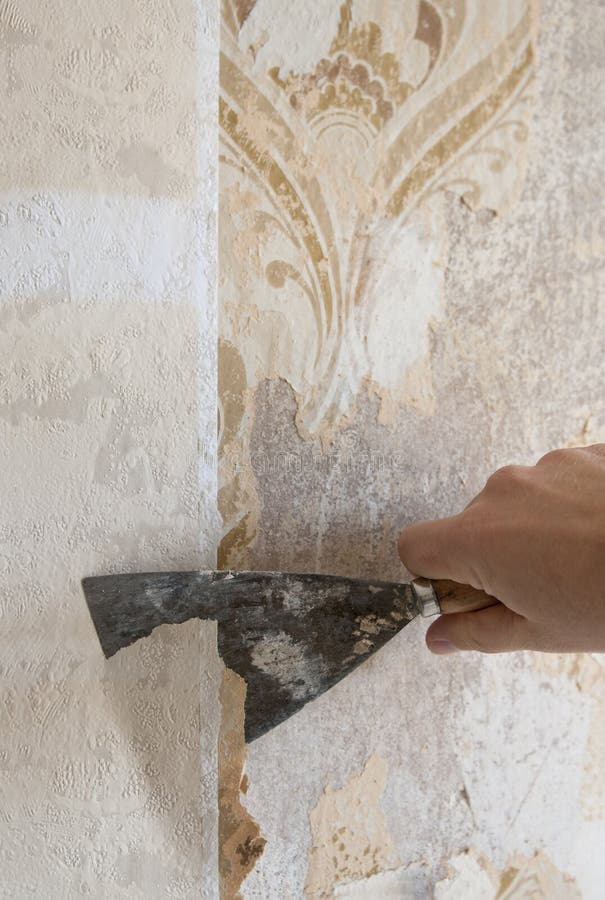 Hand Removing Wallpaper from Wall Stock Photo Image of trowel, knife