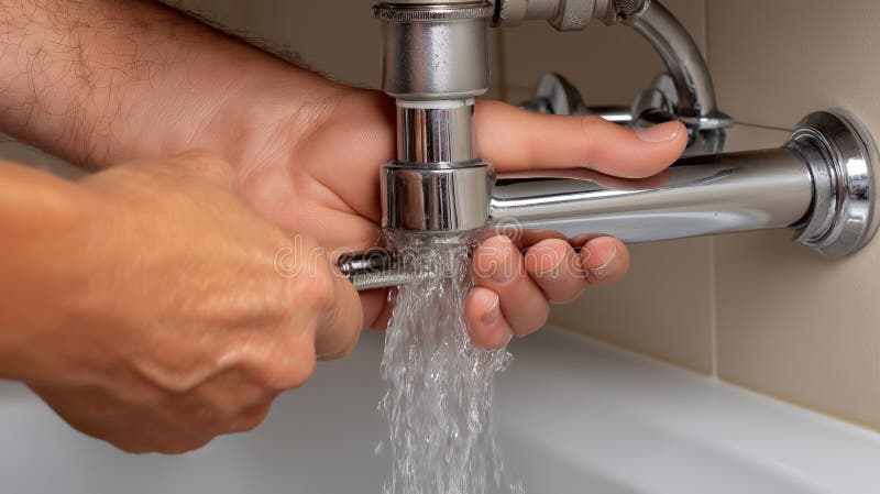 Hand Repairs a Leaking Pipe Under the Sink Stock Photo - Image of