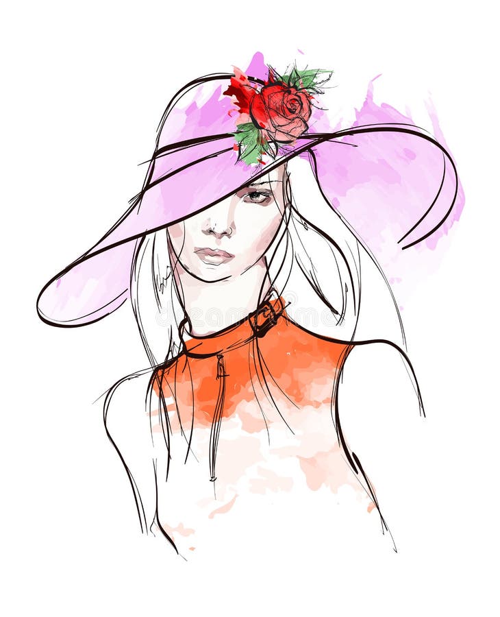 Hand ritad vacker ung kvinna med blomma på hatt. Söt flicka med långt hår. skiss. royaltyfri illustrationer