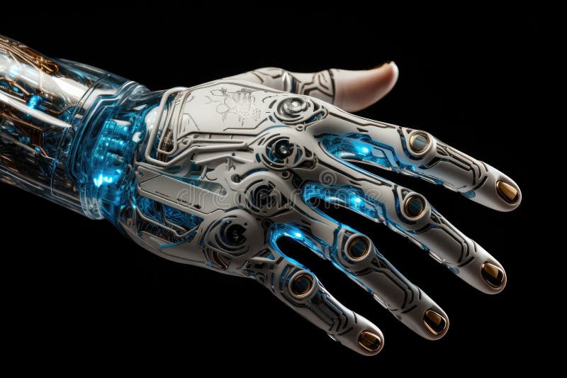 Hand of a robot, Detailed image of a robotic anatomy close up on black background royalty free illustration