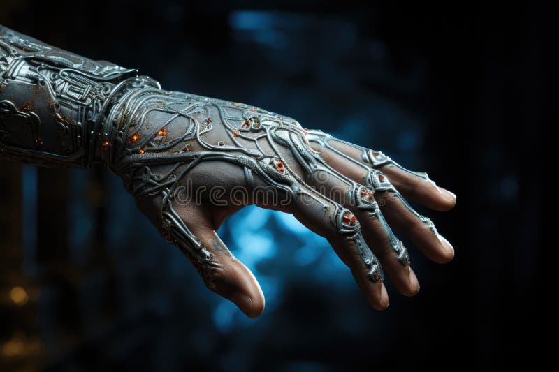Hand of a robot, Detailed image of a robotic anatomy close up on black background royalty free illustration
