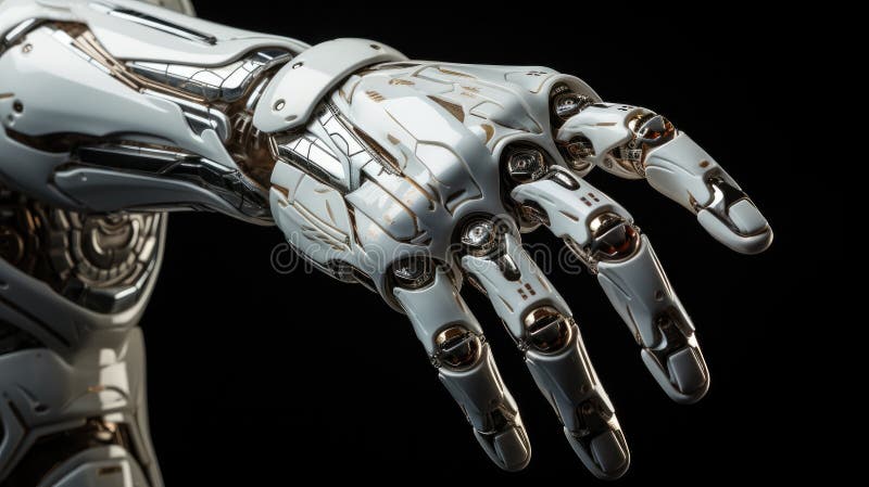 Hand of a robot, Detailed image of a robotic anatomy close up on black background royalty free illustration
