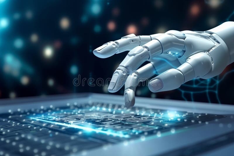 Hand of robot touching modern interface, Connection technology and new era of innovation, Machine learning Technology design for computer brain.