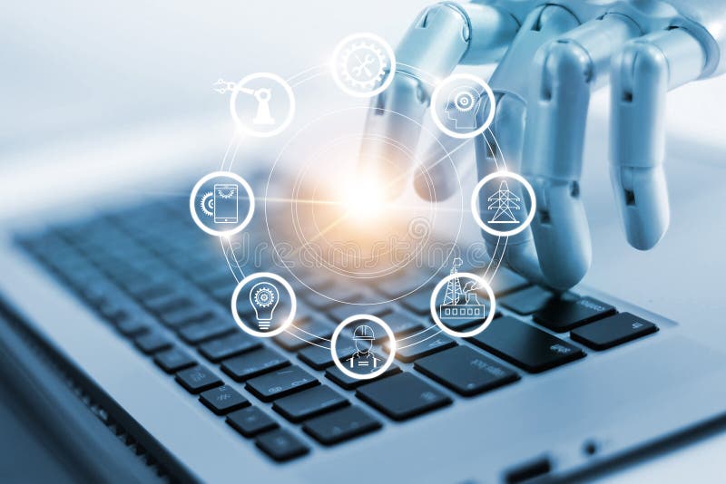 Hand of robotics connecting to industrial network on laptop