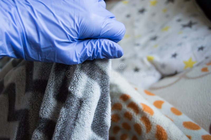 Hand in a Rubber Glove is Making the Bed Stock Photo - Image of medical