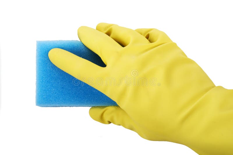 Hand in rubber gloves holding sponge