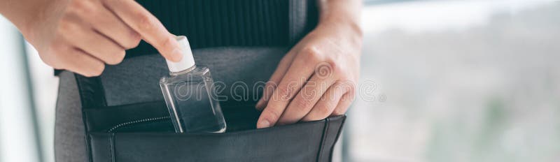 Small Hand Sanitizer Bottle To Go In Womans Purse Girl Using Portable  Sanitiser In Bag When Going On Commute For Disinfecting Hands As Covid  Prevention Stock Photo - Download Image Now - iStock