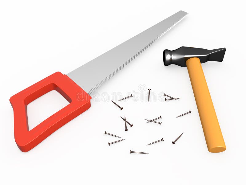 Hand Saw, Hammer and Nails, 3D Stock Illustration Illustration of