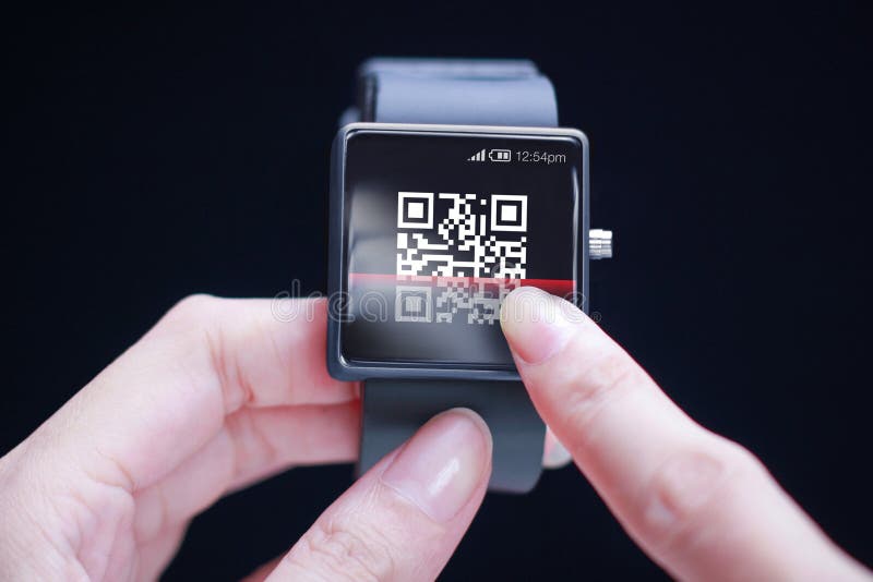 Hand Scanning QR Code on Smartwatch. Stock Image - Image of code