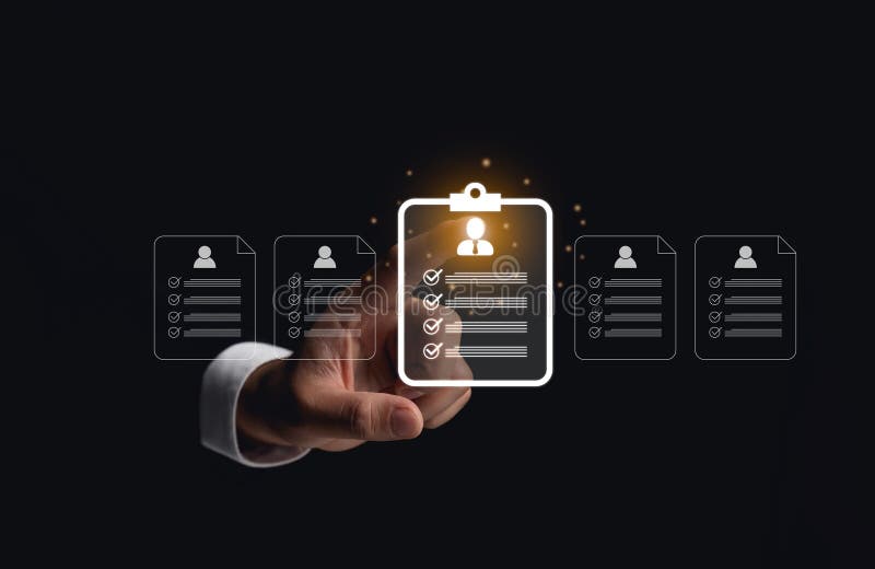 Hand Selecting Glowing HR Document Icons. A hand touching a glowing clipboard icon among multiple HR documents on a dark stock illustration