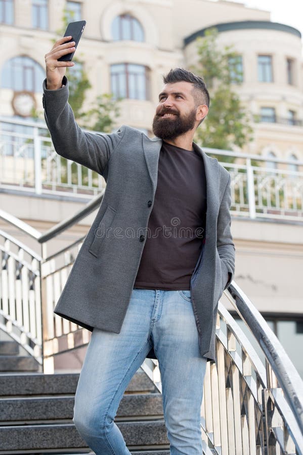 Hand Selfie. Bearded Man Take Selfie with Smartphone Outdoor Stock ...