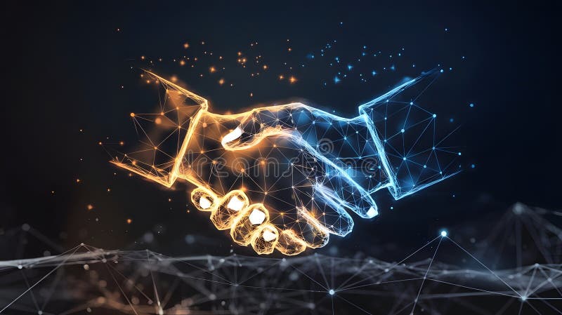 Hand shake, cyber agreement. Technology business partnership. Virtual business partner hand shake. vector illustration
