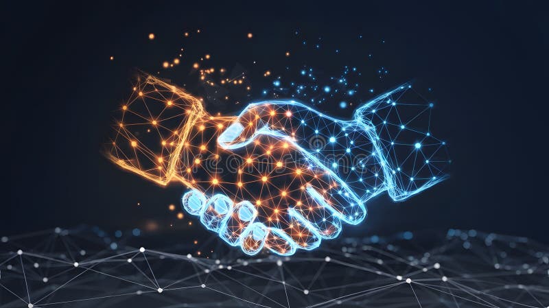 Hand shake, cyber agreement. Technology business partnership. Virtual business partner hand shake. vector illustration
