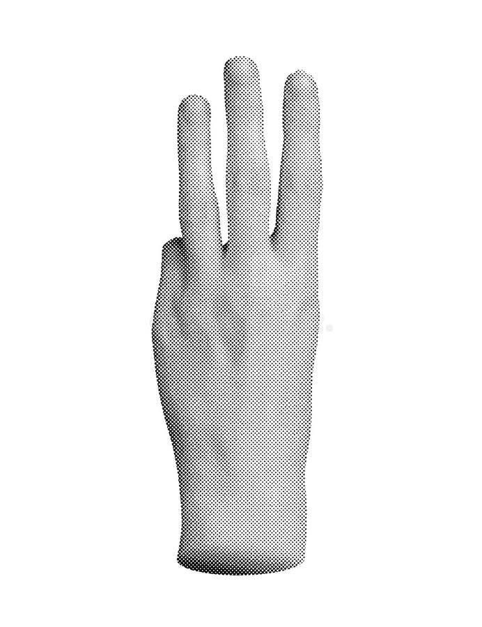 Hand showing four fingers. Counting or signaling the number 4. Halftone style vector isolated on white background.