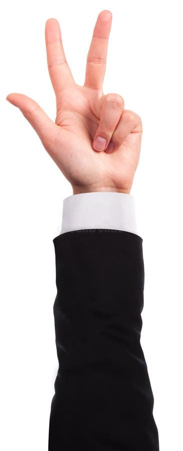 Businessman's hand is showing three fingers isolated
