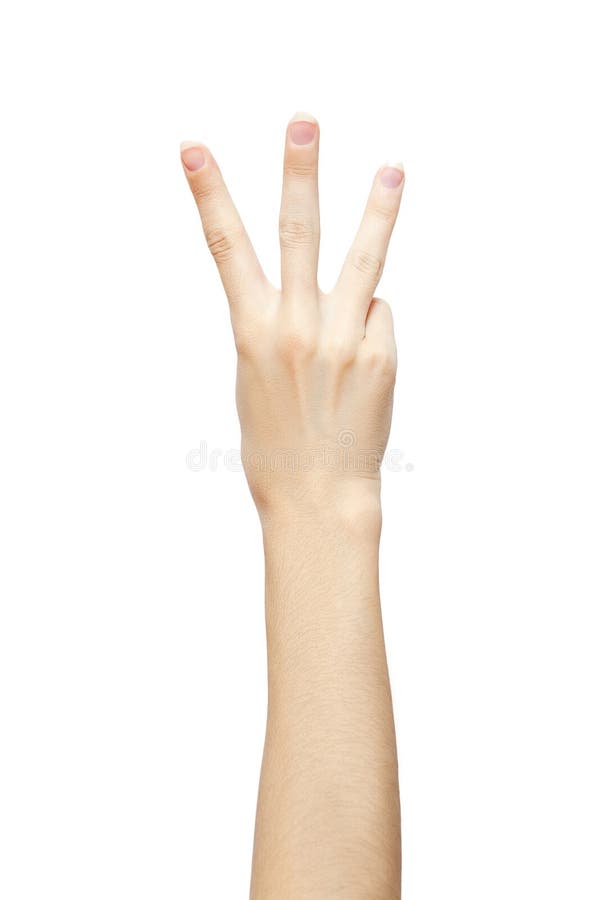 Hand is showing three fingers isolated on white background. studio photo