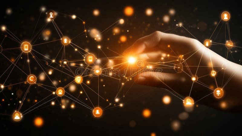 A hand is shown interacting with a futuristic digital interface royalty free stock image