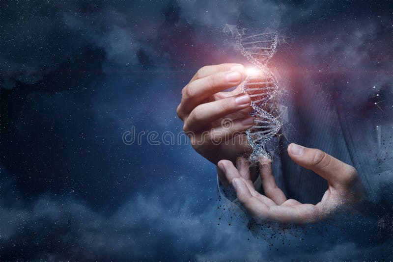 Hand shows a DNA molecule. On the background of outer space