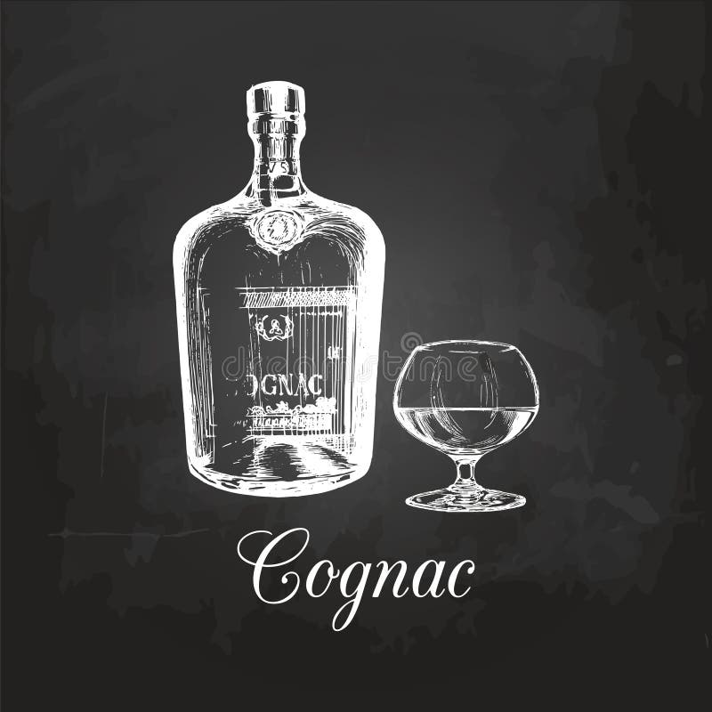Hand sketched cognac bottle and glass. Vector illustration of brandy set on a chalkboard. Vintage alcoholic drink menu.