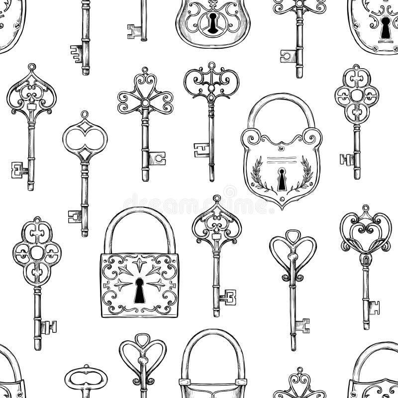 Hand sketched vector illustration - seamless pattern with vintage keys and locks. Design elements with decorative symbols.