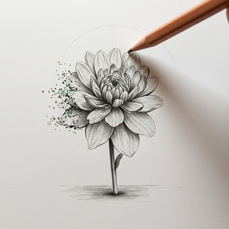 A hand sketches a detailed flower with a pencil on white paper. The flower features vector illustration