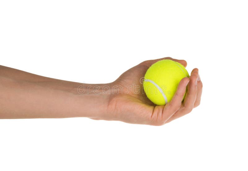 Hand som rymmer tennisbollen isolerad på den vita snabba banan royaltyfri foto Hand som rymmer tennisbollen isolerad på den vita snabba banan royaltyfri foto