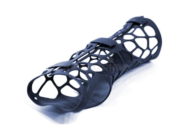 Hand splint corset prosthesis printed 3D printer molten black plastic powder stock photo