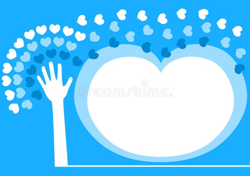 Hand tree with heart shape leaves spreading love. Space to write inside the heart frame. Friendship borders illustrations