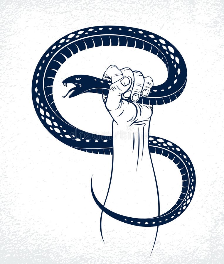 Hand squeezes a snake, fight against evil devil and Satan, control your inner beast animal, archetype shadow, life is a fight