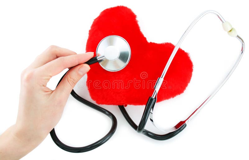 Hand with stethoscope checking a red heart