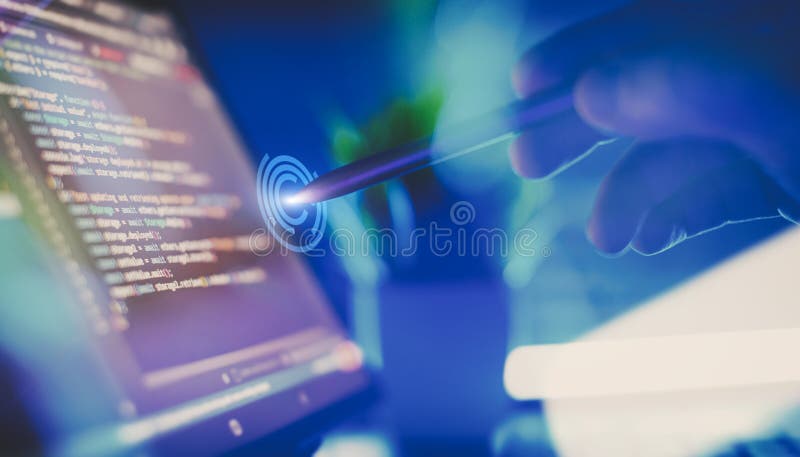 Hand with Stylus Interacting with Code on a Laptop Screen Representing Software Development, Programming, and Digital stock image