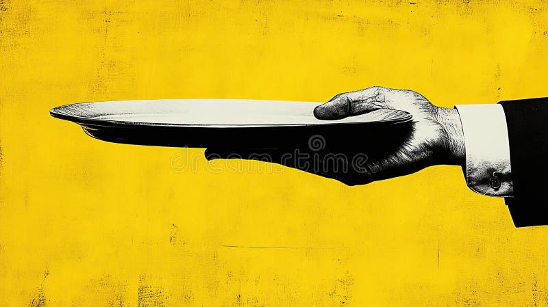 A hand in a suit presents an empty plate against a yellow background vector illustration