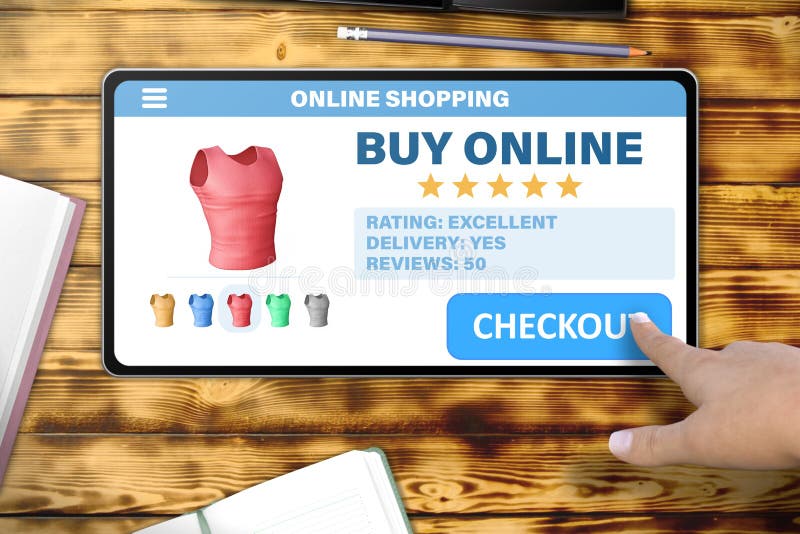 Hand with tablet pc tapping button checkout on wooden table background - online shopping technology concept stock illustration Hand with tablet pc tapping button checkout on wooden table background - online shopping technology concept stock illustration