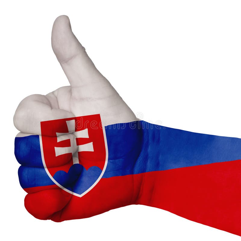 Gesto ruky s palcom hore vo farebnej slovenskej štátnej vlajke ako symbol dokonalosti, úspechu, dobra