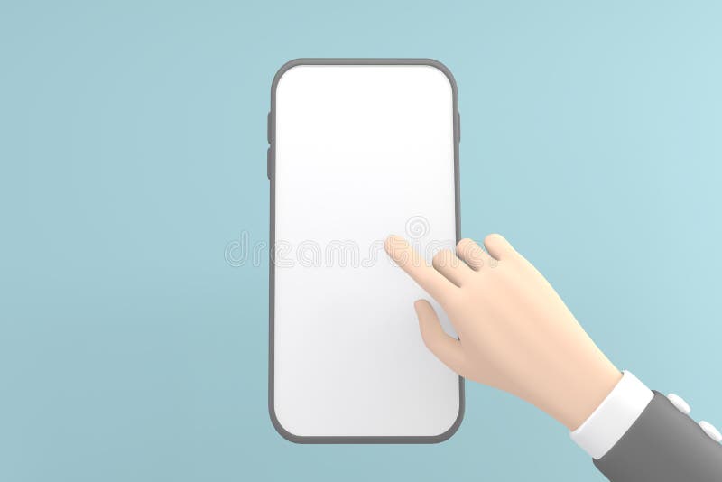 The hand that is about to click on the phone where the screen is lay empty on mint background. 3D rendering royalty free illustration