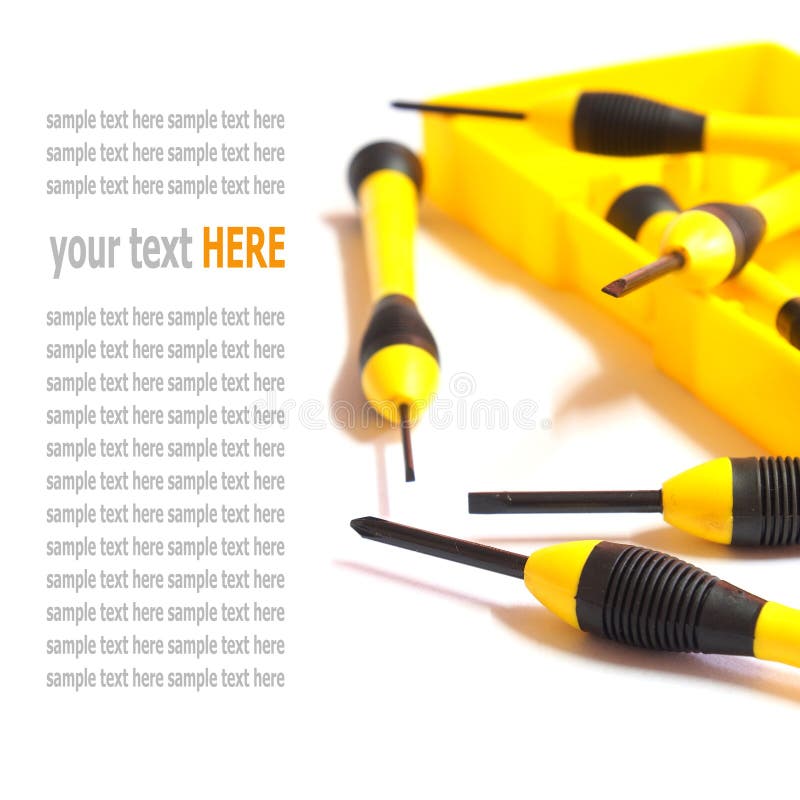 Hand Tools, Yellow Screwdriver Set Isolated on White Stock Photo