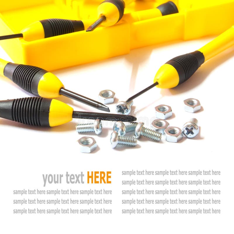 Hand Tools, Yellow Screwdriver Set Isolated on White Stock Photo