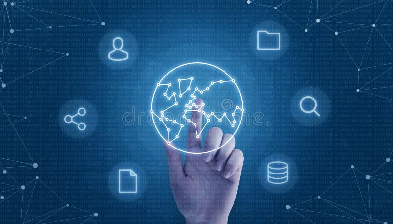 Hand touch globe concept with network threads surrounded with user, share, file, folder, search and data icons royalty free stock photography Hand touch globe concept with network threads surrounded with user, share, file, folder, search and data icons royalty free stock photography