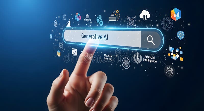 Hand Interacting with Generative AI Search Bar and Digital Icons vector illustration