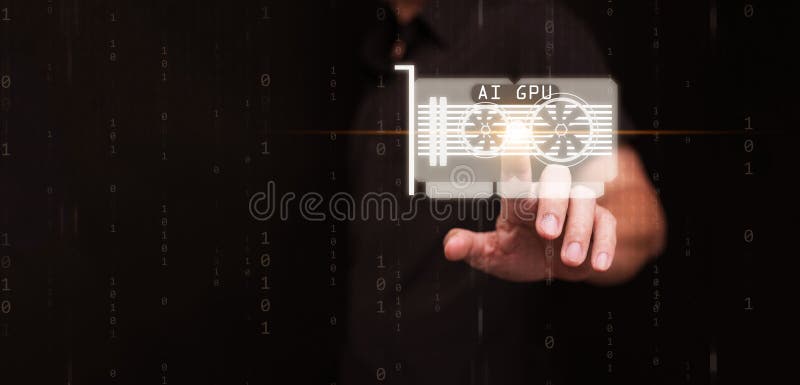 Hand touches glowing AI GPU icon with binary code background. Advanced computing power processor, artificial intelligence display vector illustration