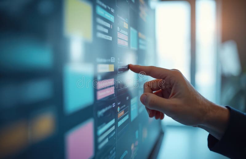 Hand touches virtual interface showing Agile software development project management tools. Touchscreen with kanban scrum methodology boards process workflow. Generative AI integration. Software methodology stock images, royalty-free photos and pictures