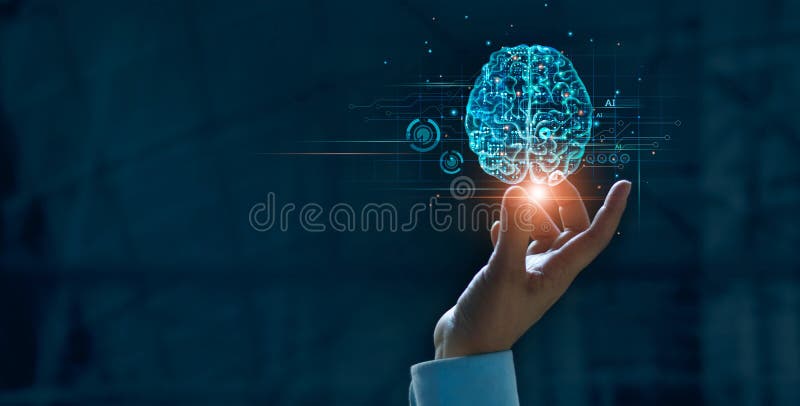Hand touching brain of AI, Symbolic, Machine learning, artificial intelligence of futuristic technology. AI network of brain stock photography
