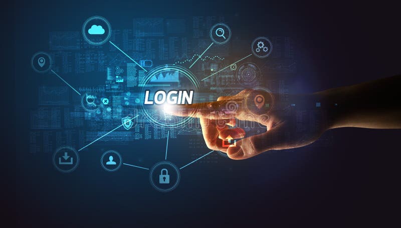 Hand touching cybersecurity button stock image