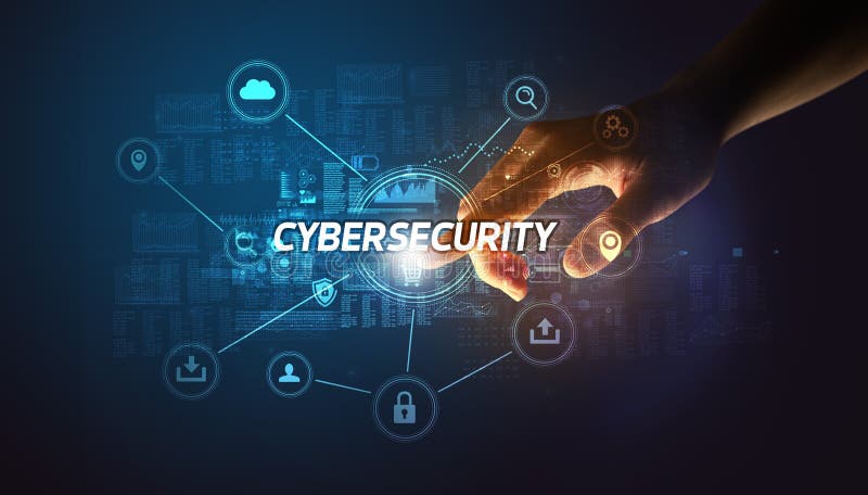 Hand touching cybersecurity button stock photography