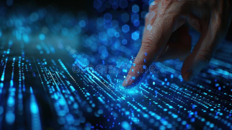 The Hand Touching Digital Interface. AI generated image. A hand touches a glowing digital interface with binary code in a futuristic setting.